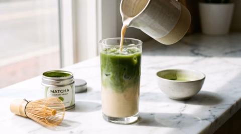 Iced matcha latte with culinary matcha and whisk