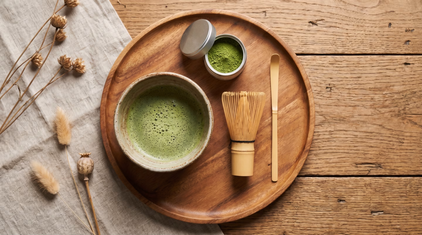 Complete matcha ceremony set on a wooden tray