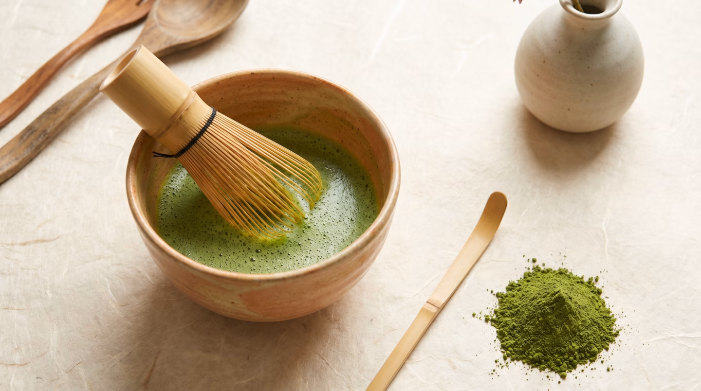 Vibrant jade ceremonial matcha whisked with a bamboo chasen