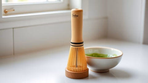 Bamboo matcha whisk drying on a holder beside a bowl