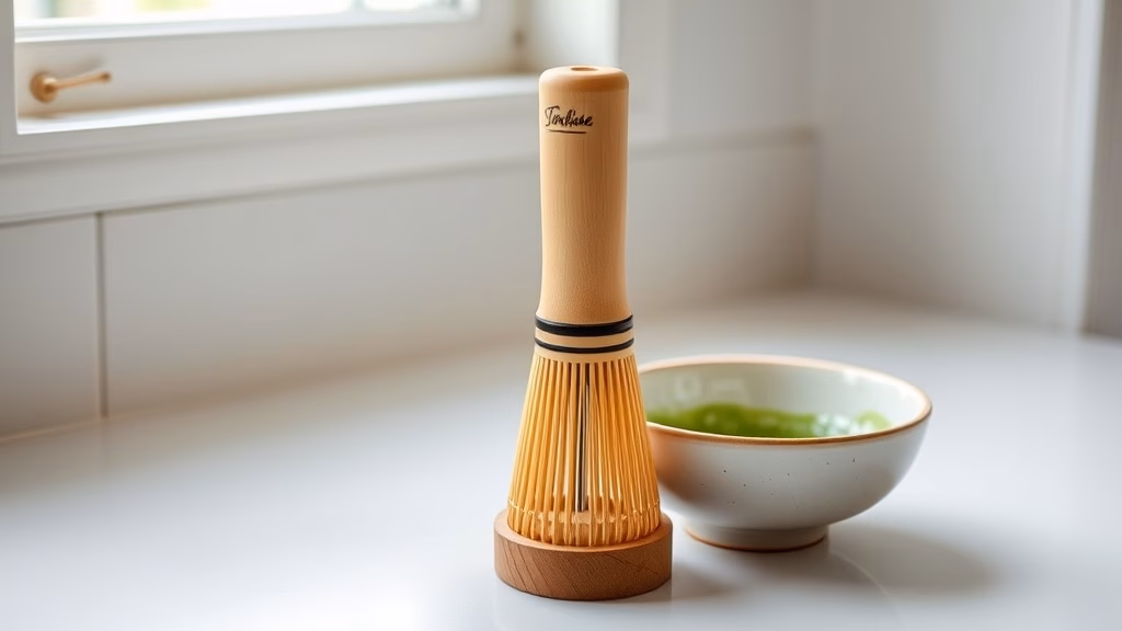 Bamboo matcha whisk drying on a holder beside a bowl