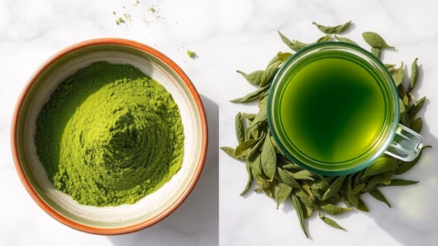 Matcha powder and green tea leaves compared